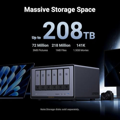 UGREEN 6-Bay DXP6800 Pro NAS, Intel 10-Core i5-1235U, 8GB DDR5, 128GB SSD, Dual 10GbE, Up to 208TB Storage