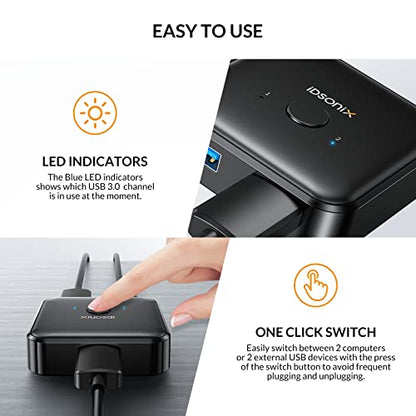iDsonix USB 3.0 Switch 1 in 2 Out 5Gbps Bi-Directional with 3 Ports Aluminum Enclosure Model U3S01