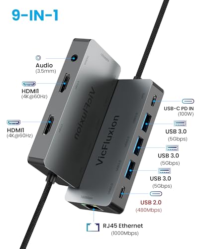 Vicfluxion 9-in-1 USB C Docking Station, 2 HDMI 4K@60Hz, 1000Mbps Ethernet, 3 USB 3.0, 1 Type C, Power Delivery, Audio Jack - Dock for Laptops, Desktops, Tablets