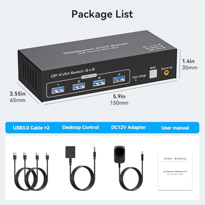 TJCXELE KVM Switch 2 Computers 2 Monitors 4K@144Hz USB 3.0