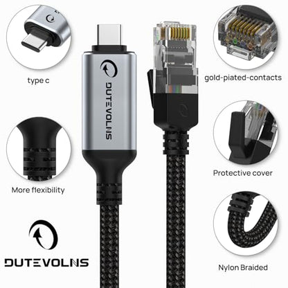 Dutevolns 3.3FT NW0002-1M-S RJ45 USB Type-C Ethernet Cable, Cat 6, Male-to-Male, Data Transfer Rate 1000Mbps