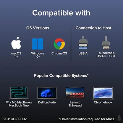 Plugable UD-3900Z USB 3.1 Dual HDMI Docking Station, 10 Ports, for macOS, Windows, ChromeOS