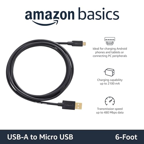Amazon Basics USB 2.0 6-Foot Charging Cable, Model 7T9MV4, Male-to-Male Micro USB, Black