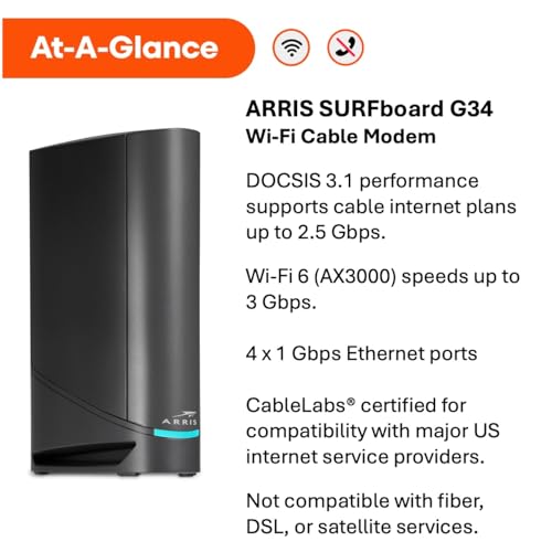 ARRIS G34 Docsis 3.1 Cable Modem WiFi 6 Router - AX3000 Dual-Band - 4 Ethernet Ports - 120 Volts