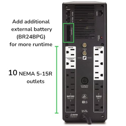 APC 1500VA BR1500G UPS, Tower, Voltage Regulation, 865W Power Supply, 10 Outlets