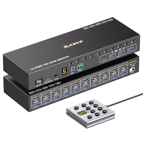 ANGEET 10 Ports KVM Switch 4K@60Hz 10-way HDMI with USB 3.0 Connectors