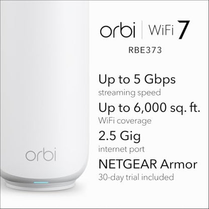 NETGEAR Orbi 370 Series Dual-Band WiFi 7 Mesh Network System (RBE373) - 5 Gbps, 6000 sq.ft Coverage, 2.5 Gbps Port, Mesh Router + 2 Extenders