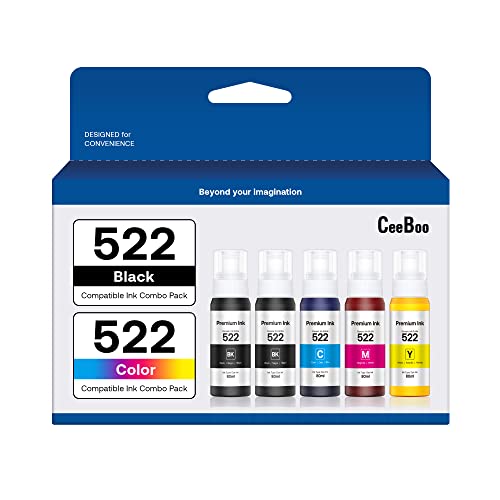 CEEBOO 522 5 Pack 80ml Black, Magenta, Yellow, Cyan Ink Supply 9700 Page Yield Compatible EcoTank ET Series