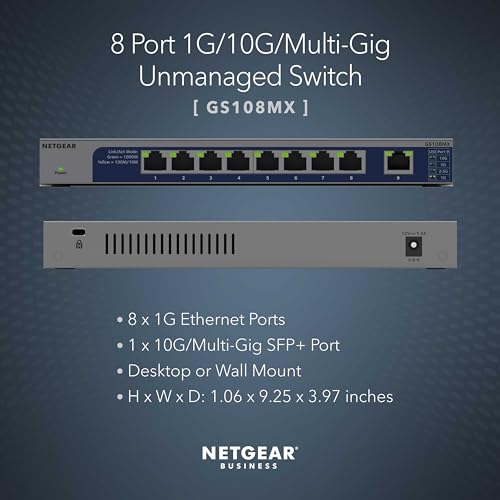 NETGEAR 8-Port 1G/10G Multi-Gigabit Ethernet Unmanaged Switch (GS108MX)