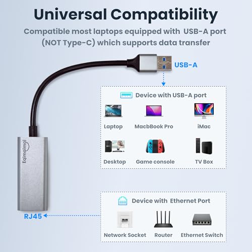 eqimaimai USB 3.0 A to RJ45 Ethernet Adapter Model Number: USBA TO RJ45 Data Transfer Rate: 1000 Mbps Compatible OS: Mac OS 13, Windows 11, Linux