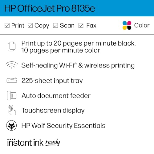 HP OfficeJet Pro 8135e All-in-One Printer, Color, 4800 x 1200 DPI, Automatic Duplex, Wireless