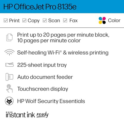 HP OfficeJet Pro 8135e All-in-One Printer, Color, 4800 x 1200 DPI, Automatic Duplex, Wireless