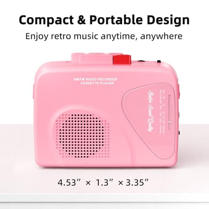 Mersoco Portable Vintage Cassette Player T201Pink USB Connectivity AM/FM Radio Battery Powered