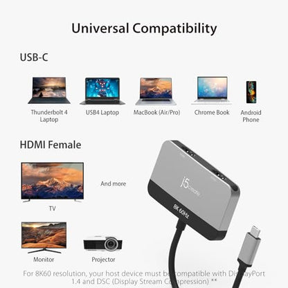 j5create 7.87 x 3.15 x 0.47 inches JCA465 USB Type C to Dual HDMI Adapter 8K at 60Hz