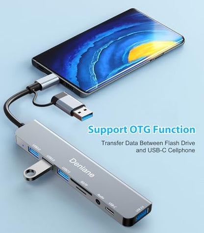 Denlane USB C Hub 8-in-2, USB 3.0, Aluminum Enclosure, for Desktops, Laptops, Tablets & Smartphones