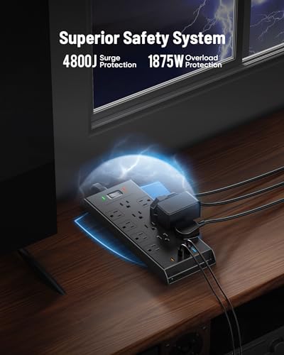LeZone 12 Outlets 2 USB Ports 10FT Cord Power Strip 125 Volts 15 Amps Surge Protector