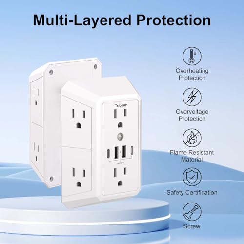 Teiobar Surge Protector 6 Outlets 4 USB Ports 125 Volts 15 Amps 1875 Watts White