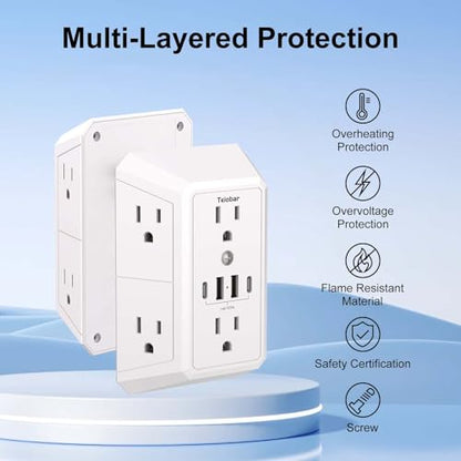 Teiobar Surge Protector 6 Outlets 4 USB Ports 125 Volts 15 Amps 1875 Watts White