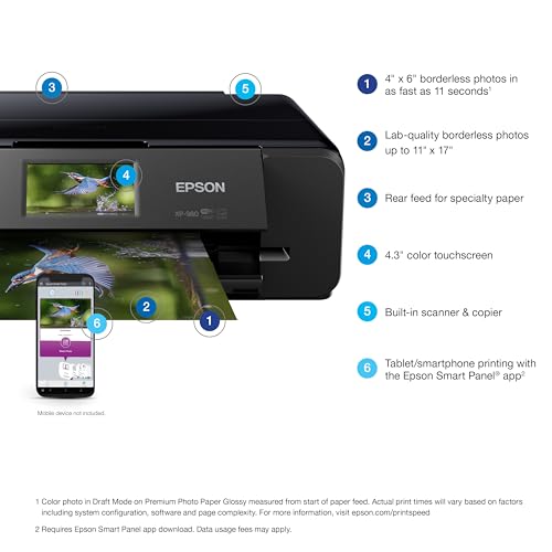 Epson Expression Photo XP-980 Inkjet Printer, 5760 x 1440 DPI Resolution, 20W Power Consumption, All-In-One Functionality, Wireless Connectivity