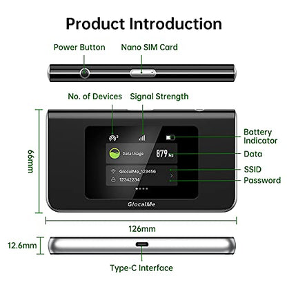 GlocalMe Mini Turbo Mobile Hotspot 4G 2.4GHz LTE Touchscreen 1GB RAM 8GB Storage