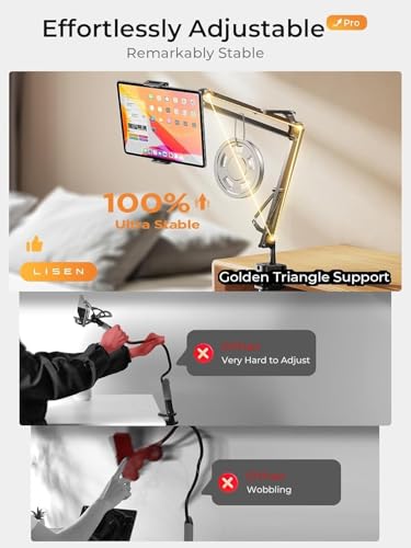 LISEN 2E41 Tripod Mount Adjustable Tablet and Phone Holder for Devices 4-13 Inches
