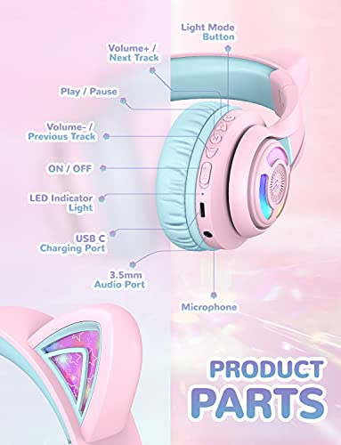 iClever BTH13 Over-Ear Kids Headphones, Wireless, Bluetooth 5.2, 50 Hours Playtime, 40mm Driver, 3.5mm Audio Cable, Pink
