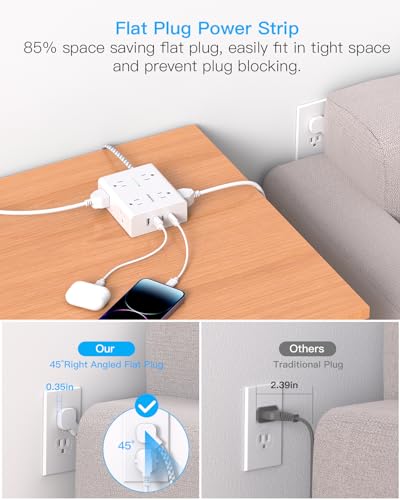 One Beat Power Strip 15 FT 8 AC Outlets 4 USB Ports Model 1 Rectangular White & Grey Surge Protector