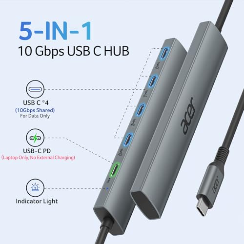 Acer 5 Ports ODK4L0 USB C Hub, 10Gbps Data Transfer, USB Type C, Grey, Aluminum Housing