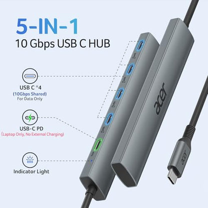 Acer 5 Ports ODK4L0 USB C Hub, 10Gbps Data Transfer, USB Type C, Grey, Aluminum Housing