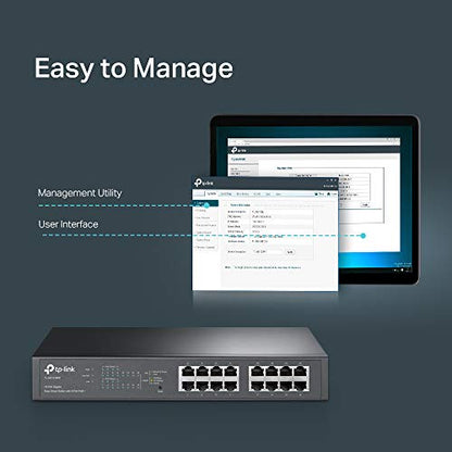 TP-Link 16-Port TL-SG1016PE PoE+ Switch 120V 40W Output 40C Metal RJ45