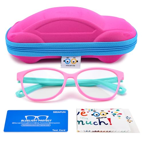 SEEAFUN Pink/Green 323 Round 46mm Blue Light Glasses for Kids