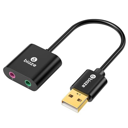 Biaze USB to 3.5mm Audio Adapter Y23-US 2 Ports No Plug External Sound Card A-Black