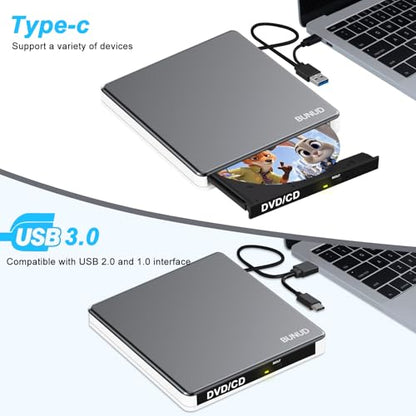 BUNUD 5.91" x 5.91" x 0.7" Model 726133312451 USB 2.0 USB 3.0 Type C External Optical Drive