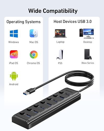 BENFEI USB 3.0 Hub 7-Port 5Gbps Black Plastic 000425black