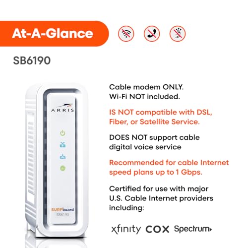 ARRIS 6.4" x 2" x 8.7" SB6190 Cable Modem DOCSIS 3.0 - Ethernet, 1 Port, 1400 Mbps