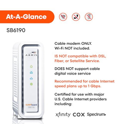 ARRIS 6.4" x 2" x 8.7" SB6190 Cable Modem DOCSIS 3.0 - Ethernet, 1 Port, 1400 Mbps