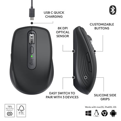 Logitech MX Anywhere 3S Compact Wireless Mouse, 8000 DPI, Bluetooth, USB-C, Graphite