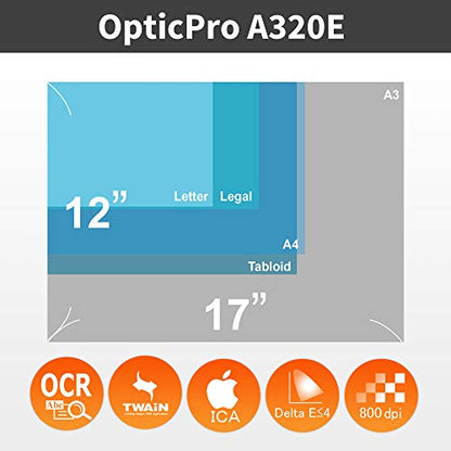 Plustek 15.75"D x 24.53"W x 5.51"H OpticPro A320E Image Scanner USB 800 DPI