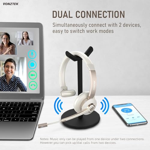 Vonztek BT783BJ-DG Wireless Headset 5.0 Bluetooth 49 Feet Noise Cancellation Communication Headset