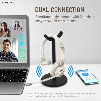 Vonztek BT783BJ-DG Wireless Headset 5.0 Bluetooth 49 Feet Noise Cancellation Communication Headset