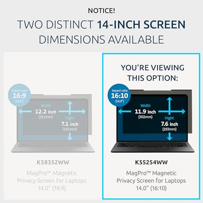 Kensington 14 inch K55254WW Removable Laptop Privacy Filter 16:10 Anti-Glare
