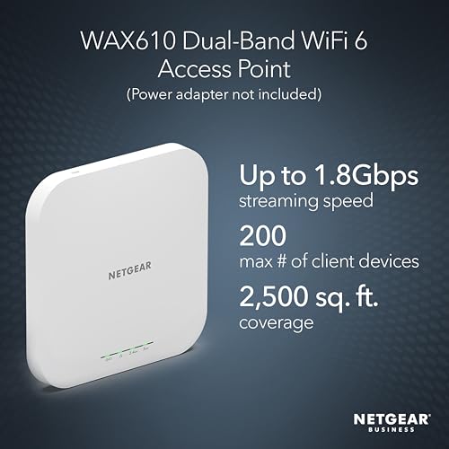 NETGEAR WAX610 WiFi 6 Dual-Band Wireless Access Point - 802.11ax - Indoor - 2500 sq ft Coverage