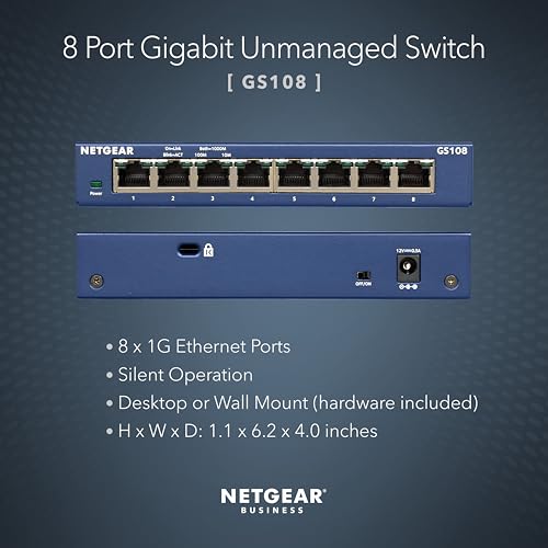 NETGEAR 8-Port Gigabit Ethernet Unmanaged Switch GS108 1 Layer Voltage 12 Volts