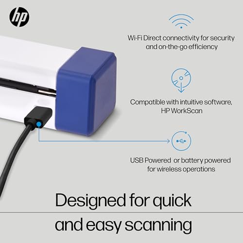 HP PS100W Portable Document Scanner - Wi-Fi, 300 DPI - Compact Document Scanner