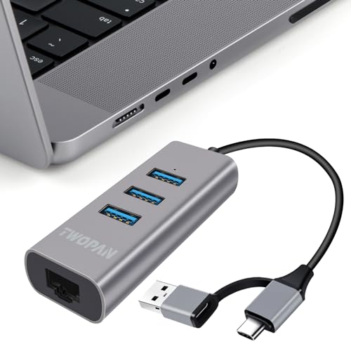 TWOPAN 3-Port USB 3.0 Hub with Ethernet Adapter, Model T3-L, Aluminum Construction, Compatible with Mac and Windows