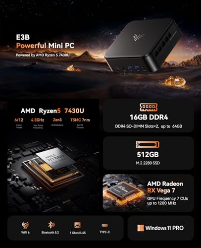 KAMRUI Mini PC E3B AMD Ryzen 5 7430U 16GB DDR4 512GB SSD Mini Computer Triple Display 4K