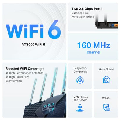 TP-Link Archer AX55 Pro - Dual-Band WiFi 6 Router - 4 Antennas - 2.5G WAN and LAN Ports - Up to 2976 Mbps - WPA3 Security - Ethernet and USB Connectivity