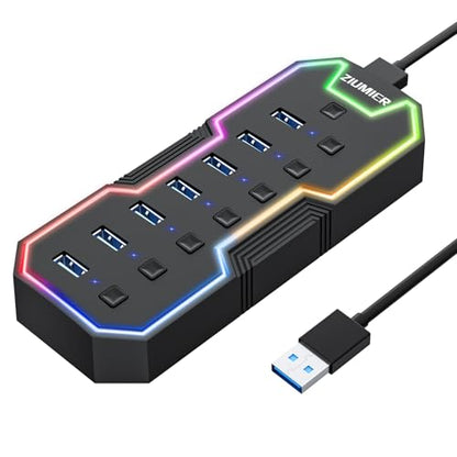 ZIUMIER USB Hub, 7 Ports, USB 3.0, 5Gbps, Black, Model L90
