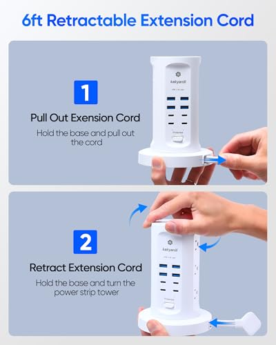 Kakyanill Surge Protector Power Strip Tower 9 AC Outlets 8 USB Ports 6 Ft Retractable Cord
