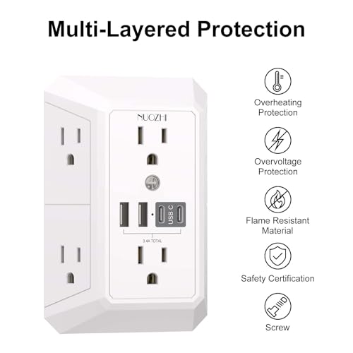 NUOZHI 6 Outlets Power Strip with 4 USB Ports 1680J Surge Protection White